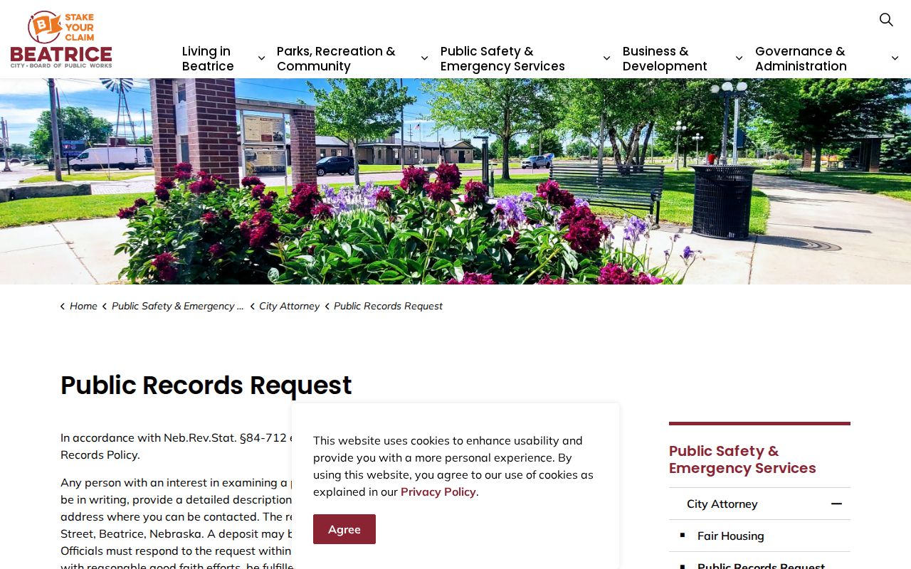 Beatrice public records request page for arrest record access