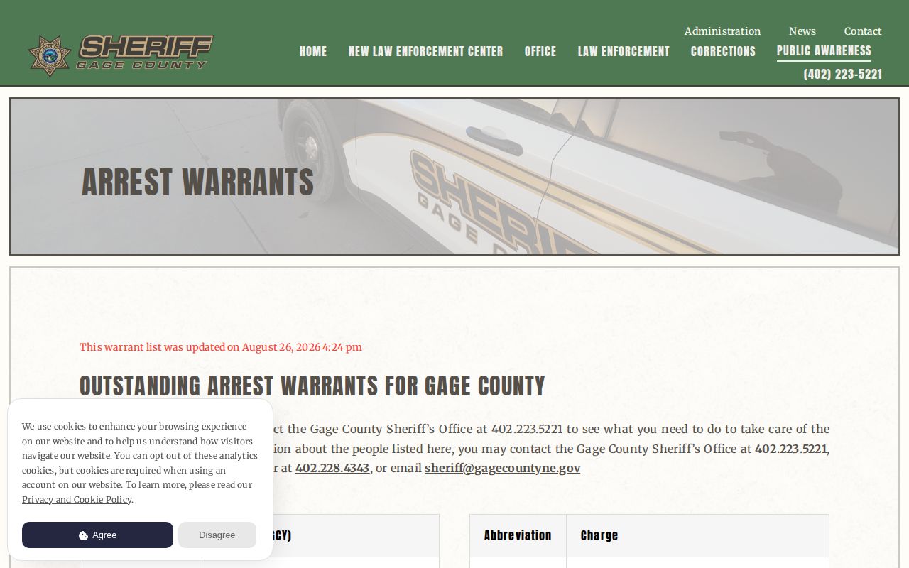 Gage County official wanted warrant list with warrant-record fields