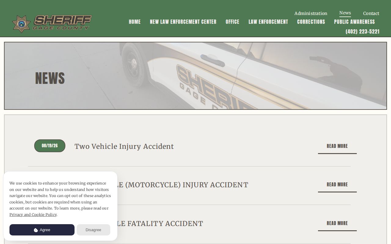 Gage County official sheriff news release archive for arrest reporting