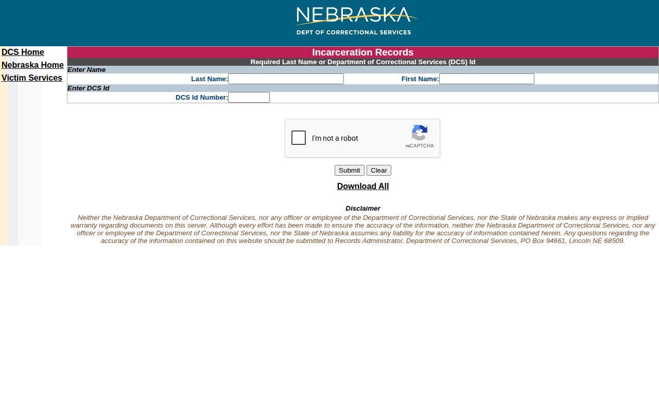 Nebraska Department of Correctional Services Gage County offender record search interface