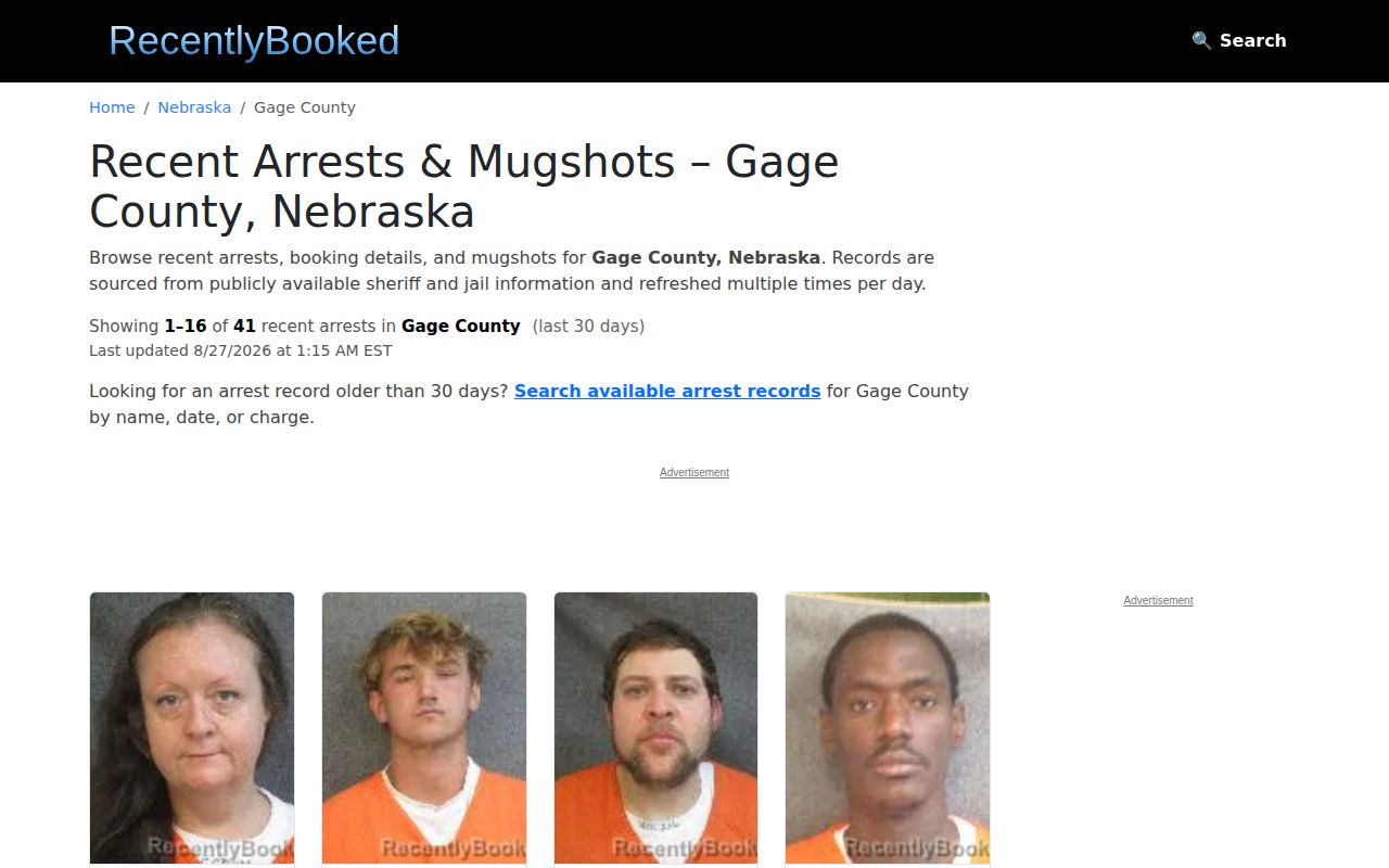 Gage County unofficial RecentlyBooked booking-news listing context